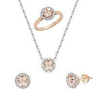 Dazzlingrock Collection Round Morganite and Diamond Halo Style Pendant, Ring & Stud Earrings Set for Women in Rose Gold