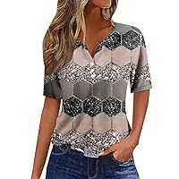 Going Out Tops for Women Henley V Neck Button Dressy Blouse Short Sleeve Sparkling Stripe Gradient Shirts