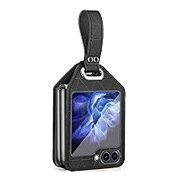 ZIFENGX- Case for Samsung Galaxy Z Flip 5 2023, Ultra-Thin Premium PU Leather Luxury Electroplated Frame Women All-Inclusive Case with Wrist Strap Black