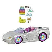 Barbie Extra Vehicle, Sparkly Silver 2-Seater Car with Rolling Wheels, Pink Interior, Puppy & Pet Pool, 1 Top & 2 Pairs of Shoes, Gift for Kids 3 Years Old & Up