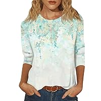 Ladies 3/4 Length Sleeve Tops Casual Summer Round Neck Shirts Print Loose Fit Three Quarter Length Sleeve Blouses