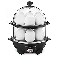 Double Tier Egg Cooker, Boiler, Rapid Maker & Poacher, Meal Prep for Week, Family Sized Meals: Up To 12 Large Boiled Eggs, Dishwasher Safe, Poaching and Omelet Trays Included, One, Black