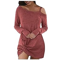 Women's Casual Leisure Long Sleeve Off Shoulder Front Knot Tie Solid Dress