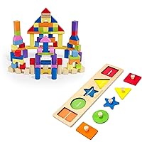 QODOFLR102PCS Wooden Building Blocks+Wodden First Jumbo Knob Shape Puzzle