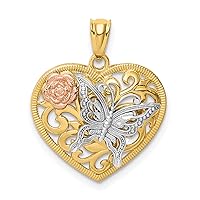 Solid 14k Tri-Color Gold Tri color Butterfly Heart Pendant - 22.5mm