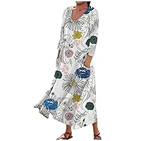 Women's Boho Maxi Dress Sexy Round Neck 3/4 Sleeve Dress Fashion Floral Long Dress with Pockets