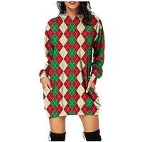 Womens Christmas Sweatshirt Dress Hoodie Long Tunic Dress Xmas Plaid Printed Pullover Loose Sweater Hooded Dresses