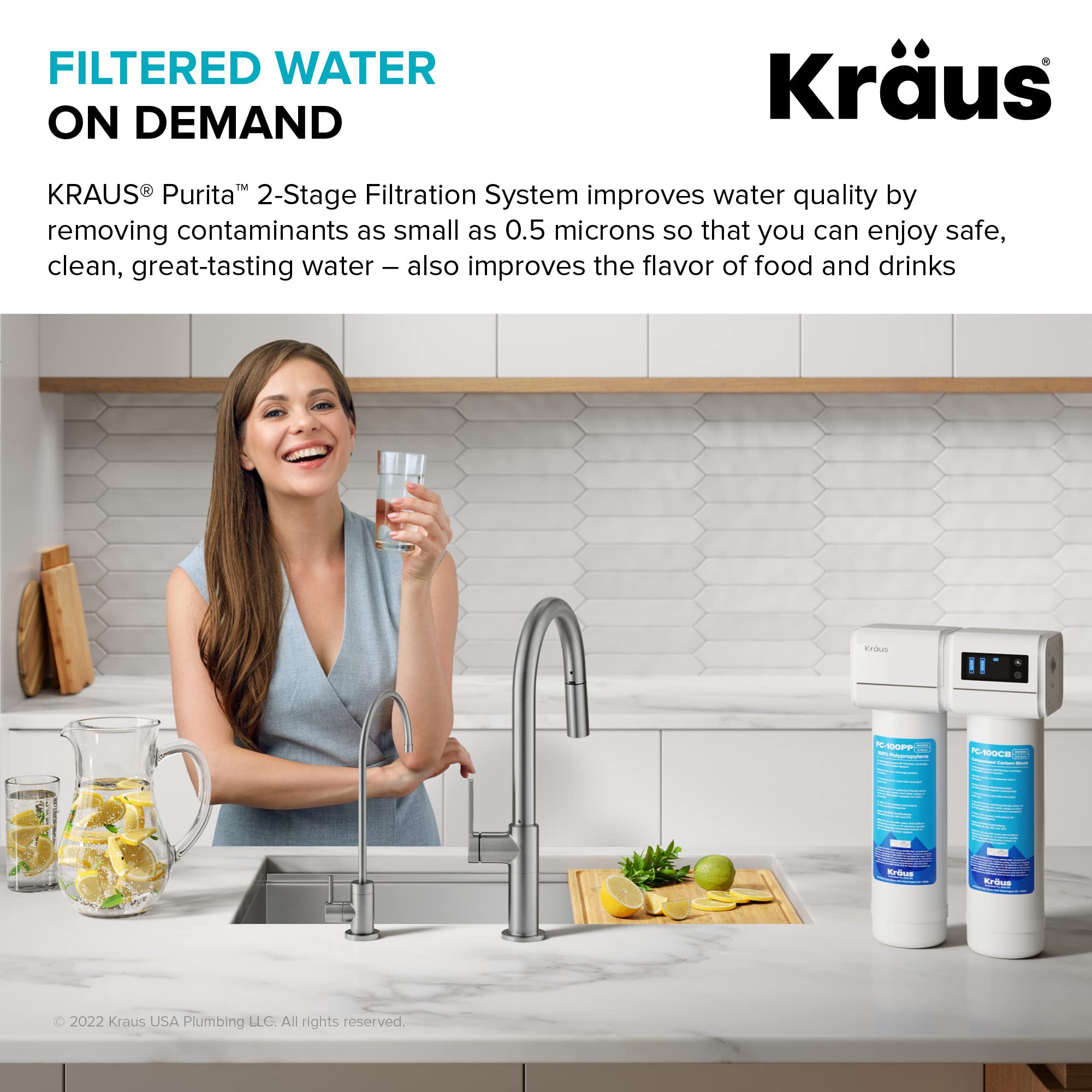 KRAUS Purita 2-Stage Carbon Block Under-Sink Water Filtration System with Digital Display Monitor, FS-1000, White