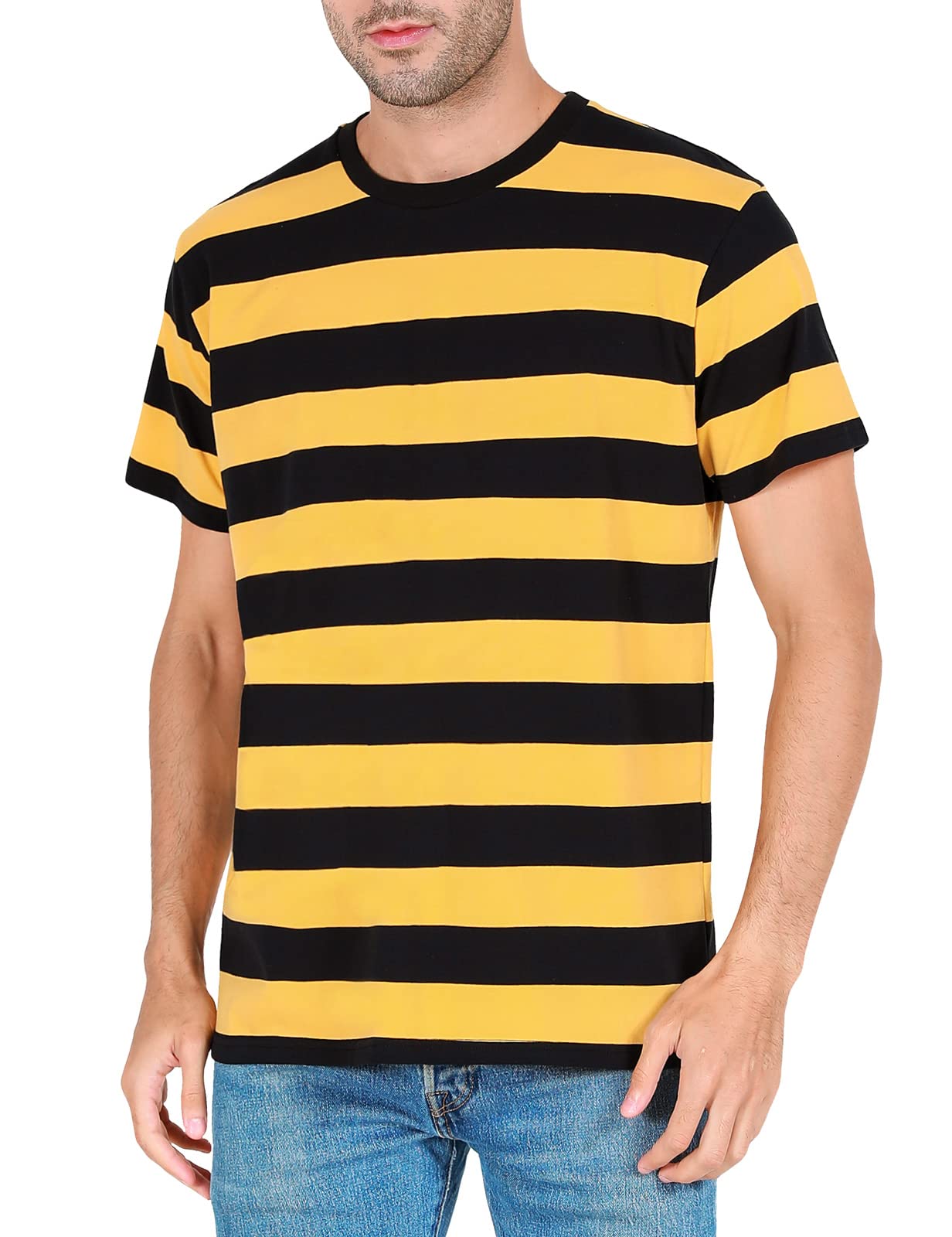 Funny World Men's Cotton Striped T-Shirt Crew Neck Short Sleeves Basic Casual Top