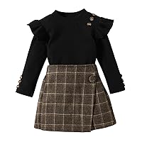 Toddler Baby Girl Fall Winter Skirt Set Turtleneck Ribbed Knit Long Sleeve Solid Tops Sweater Plaid Flannel Skirt Set