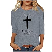 I Can't But I Know A Guy Shirt for Women Jesus Cross Graphic 3/4 Sleeve Tops Christian Religious Tunic Tshirt Crewneck Blouse