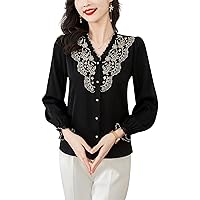LAI MENG FIVE CATS Women's Casual Silk Satin Top Embroidery Lantern Long Sleeves Blouse
