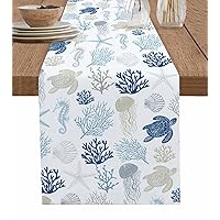 Navy Blue Coastal Table Runner-Cotton Linen- 90 Inch Holiday Dresser Scarves, Nautical Summer Beach Coral Sea Turtle Tablerunner for Kitchen Coffee/Dining Bedroom Living Room Dinner Scarf Décor 13x90