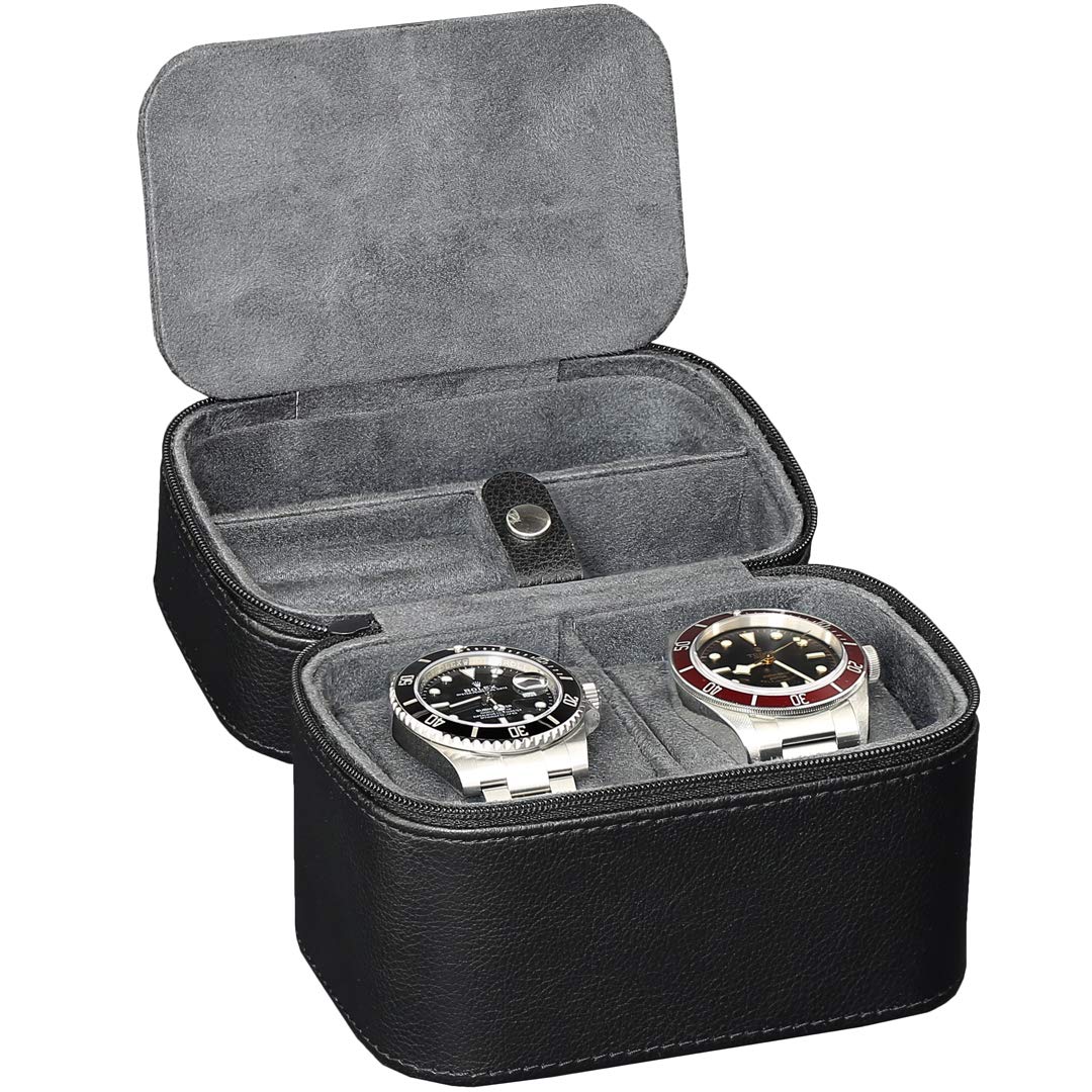 Gift Set 10 Slot Leather Watch Box with Valet Drawer & Matching 2 Watch Travel Case - Luxury Watch Case Display Organizer, Locking Mens Jewelry Watches Holder, Men's Storage Boxes Glass Top Black/Grey