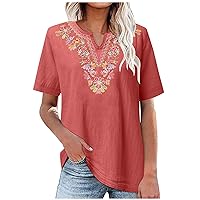 Boho Floral Embroidered Tee Tops Women Fashion V Neck Chinese T-Shirts Summer Short Sleeve Casual Vintage Blouses