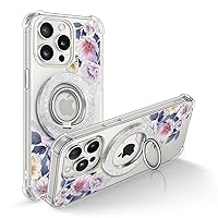 GVIEWIN Bundle - Compatible with iPhone 15 Pro Max Case (Begonia Flowers/Blue) + Magnetic Phone Ring Holder (Silver)