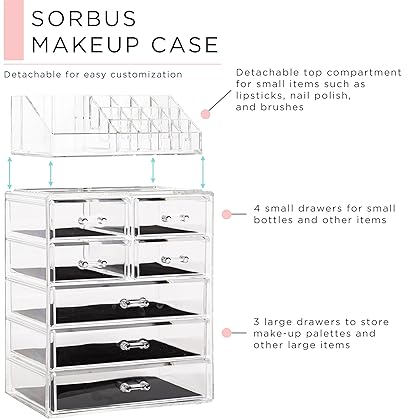 Sorbus Clear Cosmetic Makeup Organizer - Make Up & Jewelry Storage, Case & Display - Spacious Design - Great Holder for Dresser, Bathroom, Vanity & Countertop (3 Large, 4 Small Drawers)
