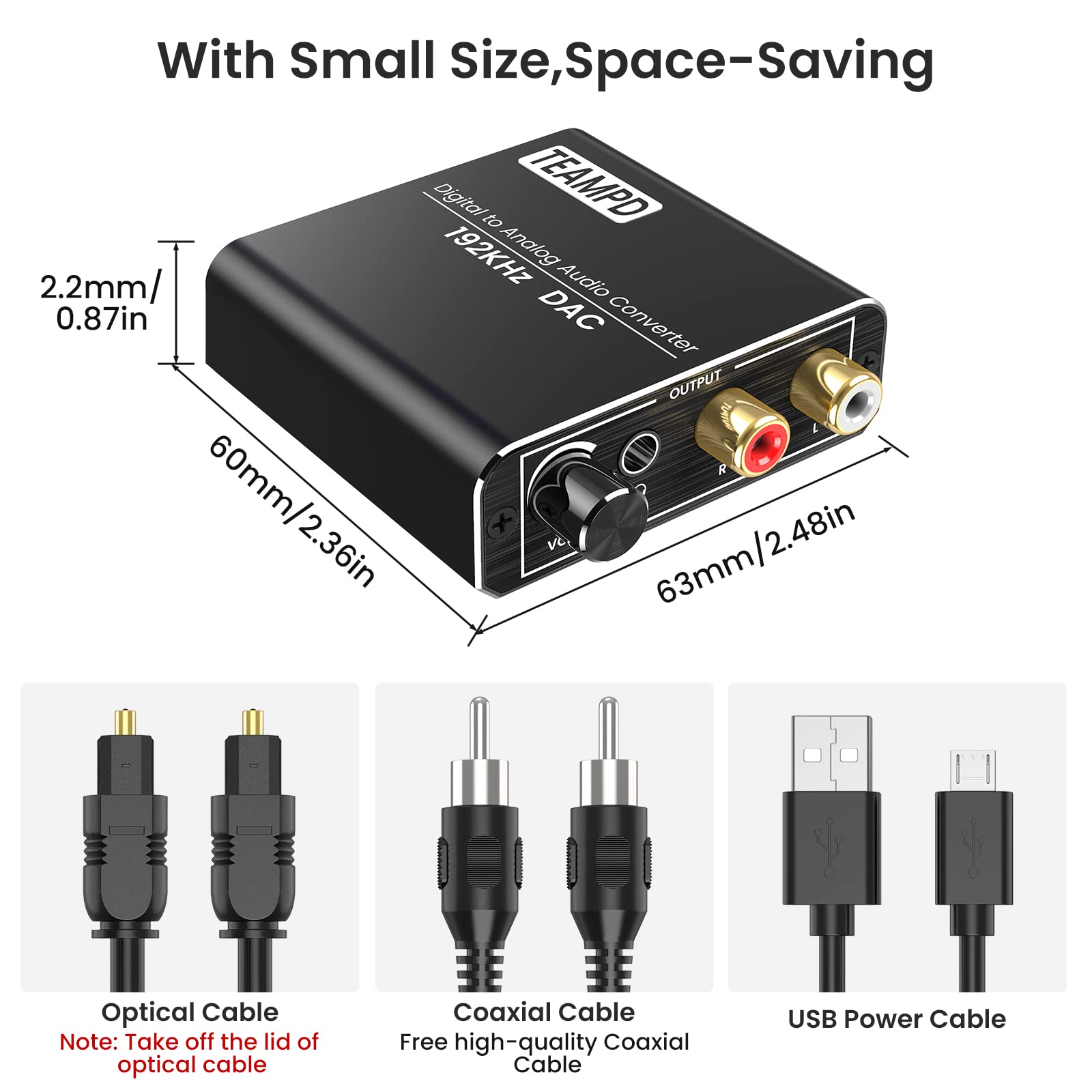 192KHz Digital to Analog Audio Converter with Volume Adjustment Aluminum Optical to RCA Converter with Optical Coaxial Cables, DAC Toslink Optical Digital to Stereo RCA (L/R) and 3.5mm Jack