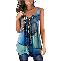 Women Retro Marble Print Button Henley Tunic Tank Tops Summer Sleeveless V-Neck Casual Loose Fit Fashion T-Shirts