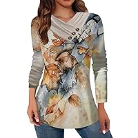 Womens Tops V Neck Long Sleeve Pleated Button Elegant T Shirts Fashion Patchwork Floral Printed Henley Blouse