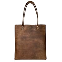 Flat Tote Bag Handmade from Full Grain Leather - Durable, Spacious Handbag - Classy, Vintage Style Purse for Everyday Use, Travel & Shopping - Bourbon Brown