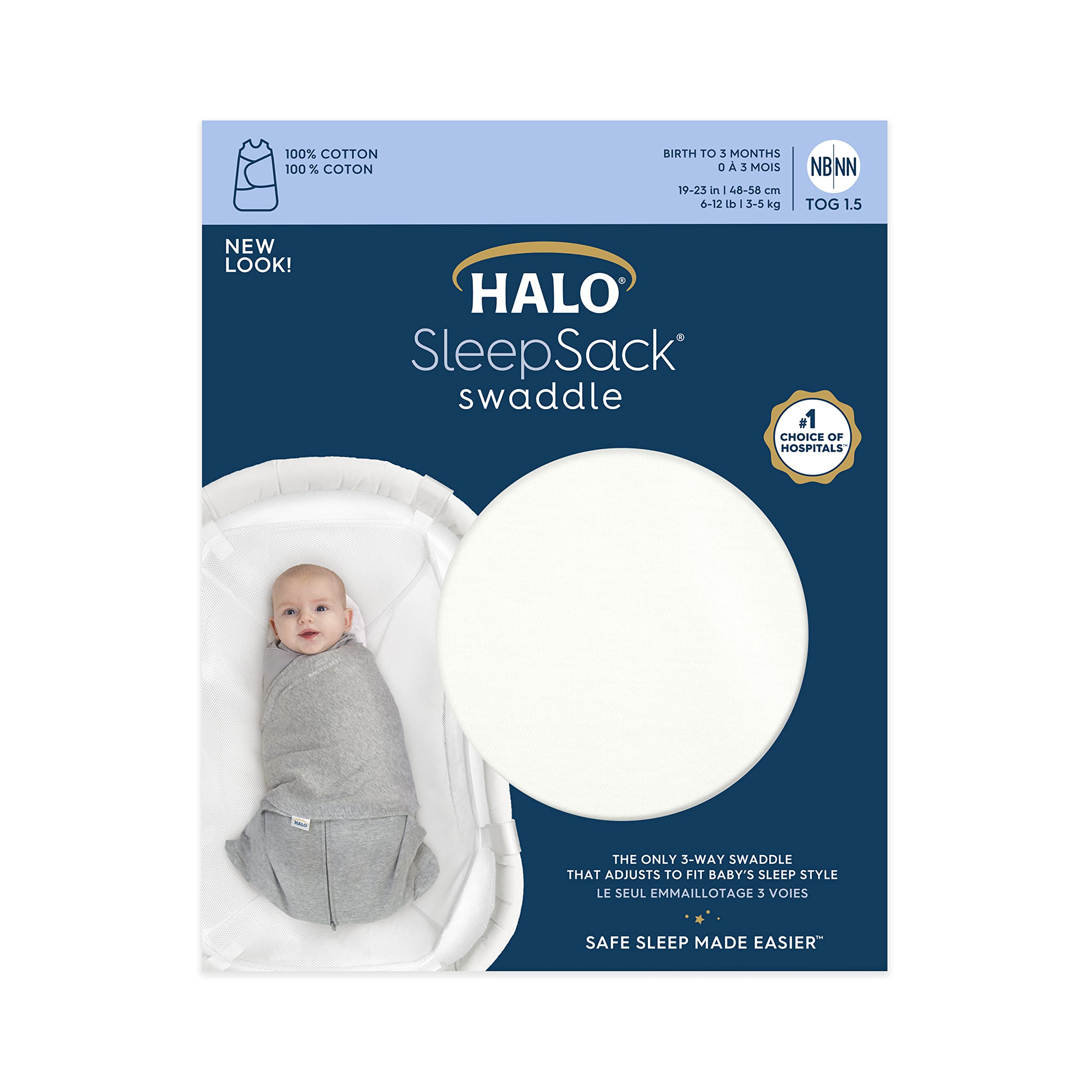 HALO 100% Cotton Sleepsack Swaddle, 3-Way Adjustable Wearable Blanket, TOG 1.5, Natural, Newborn, 0-3 Months