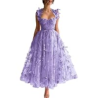 Basgute Tulle Tea Length Prom Dresses for Teens 3D Butterfly Lace Applique A Line Formal Evening Party Gown for Women
