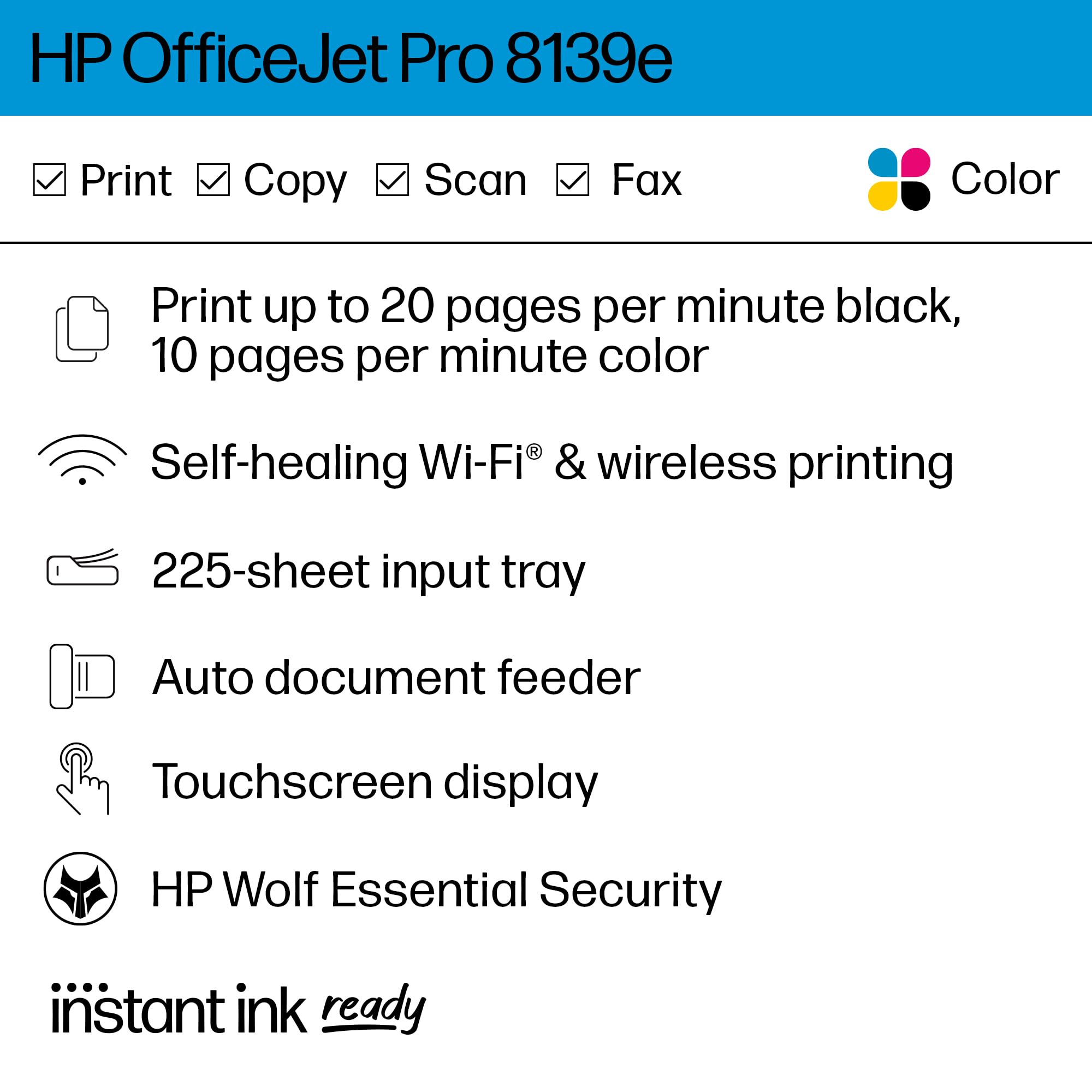 HP OfficeJet Pro 8139e All-in-One Printer, Color, Printer for Home, Print, Copy, scan, fax, Instant Ink Eligible; Automatic Document Feeder; Touchscreen; Quiet Mode; Print Over VPN