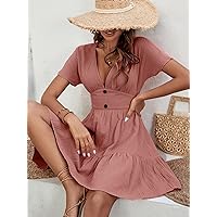 Dresses for Women - Plunging Neck Ruffle Hem Dress (Color : Dusty Pink, Size : X-Small)