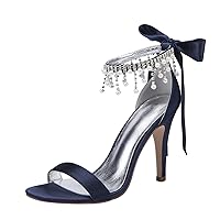 Womens Pendant Rhinestones Heeled Sandals Silver Satin Wedding Bride Dress Party Evening Shoes 10.5CM Job Shoes Sblue US 9.5