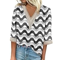 Lace Shirts Going Out Tops for Women 2024 Summer Lace Splice Striped Print Fashion Loose Fit with 3/4 Sleeve V Neck Blouses Black Medium