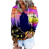 Sweatshirts For Women Halloween Pattern Hoodies Trendy Button Down Hooded Pullover 2023 Loose Long Sleeve Tops