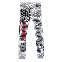 Andongnywell Men's Casual Straight Slim Fit USA Printed Jeans Flag of The United States Print Skinny Denim Pants