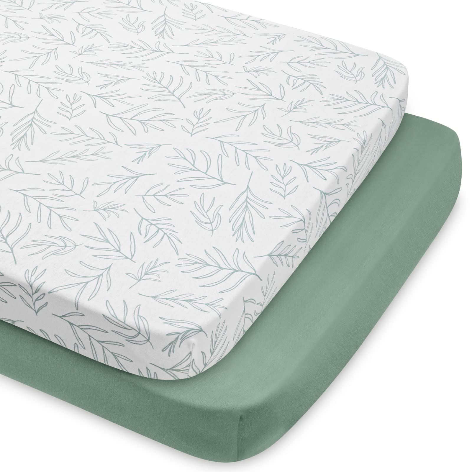 Babebay Pack N Play Sheets Fitted for Pack and Play Mattress and Mini Cribs, Jersey Knit Cotton for Natural Comfort Fitted for Baby Boys and Girls, Soft and Safe, 2 Pack (Sage Green)