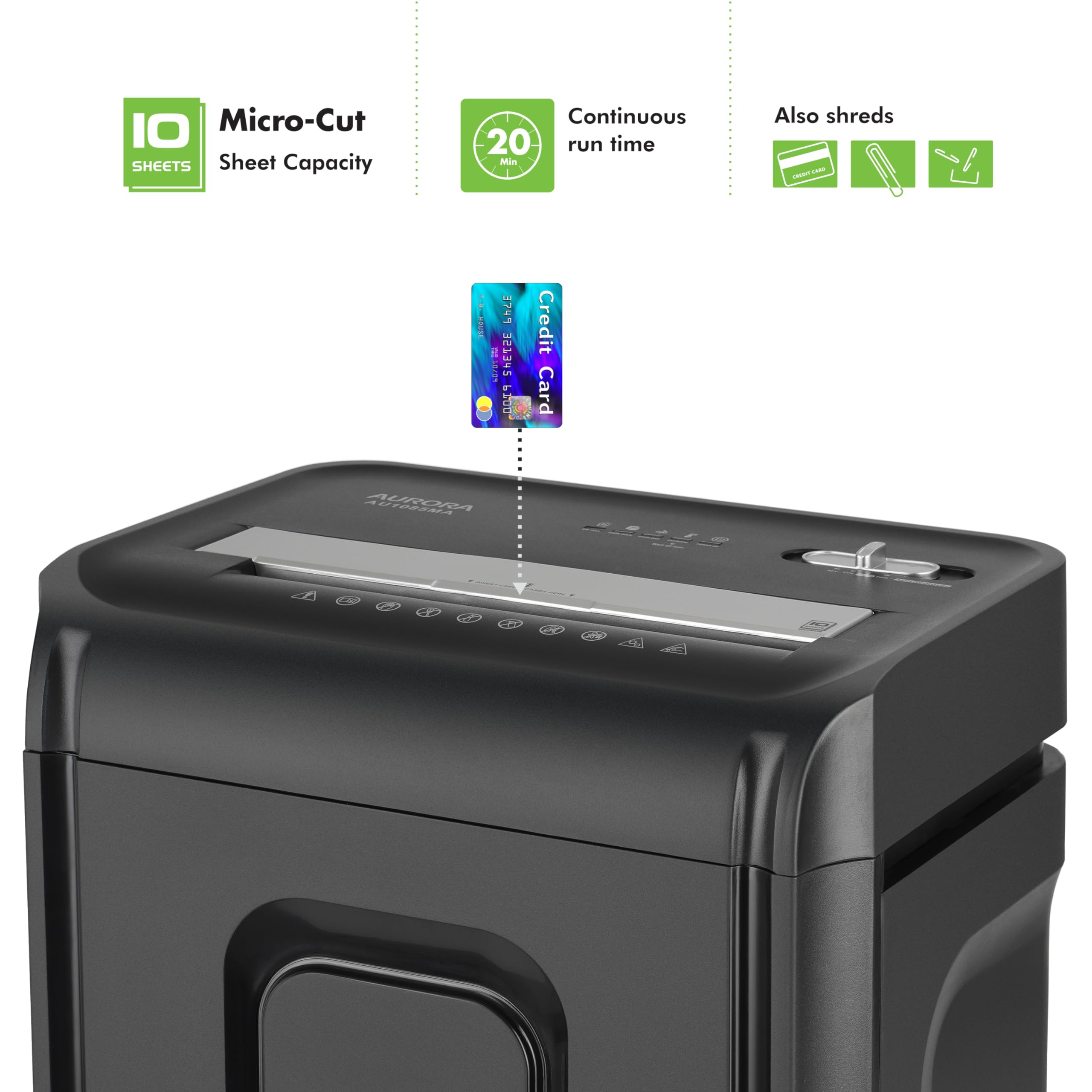 Aurora AU1085MA High-Security 10-Sheet Micro-Cut Paper and Credit Card Shredder with 4-Gallon Pullout Wastebasket/ 20 min Run Time