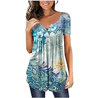 2024 Womens Spring Tunic Tops Floral Summer Casual Henley Shirts Short Sleeve Beach Blouse Loose Fit Hawaiian Shirt