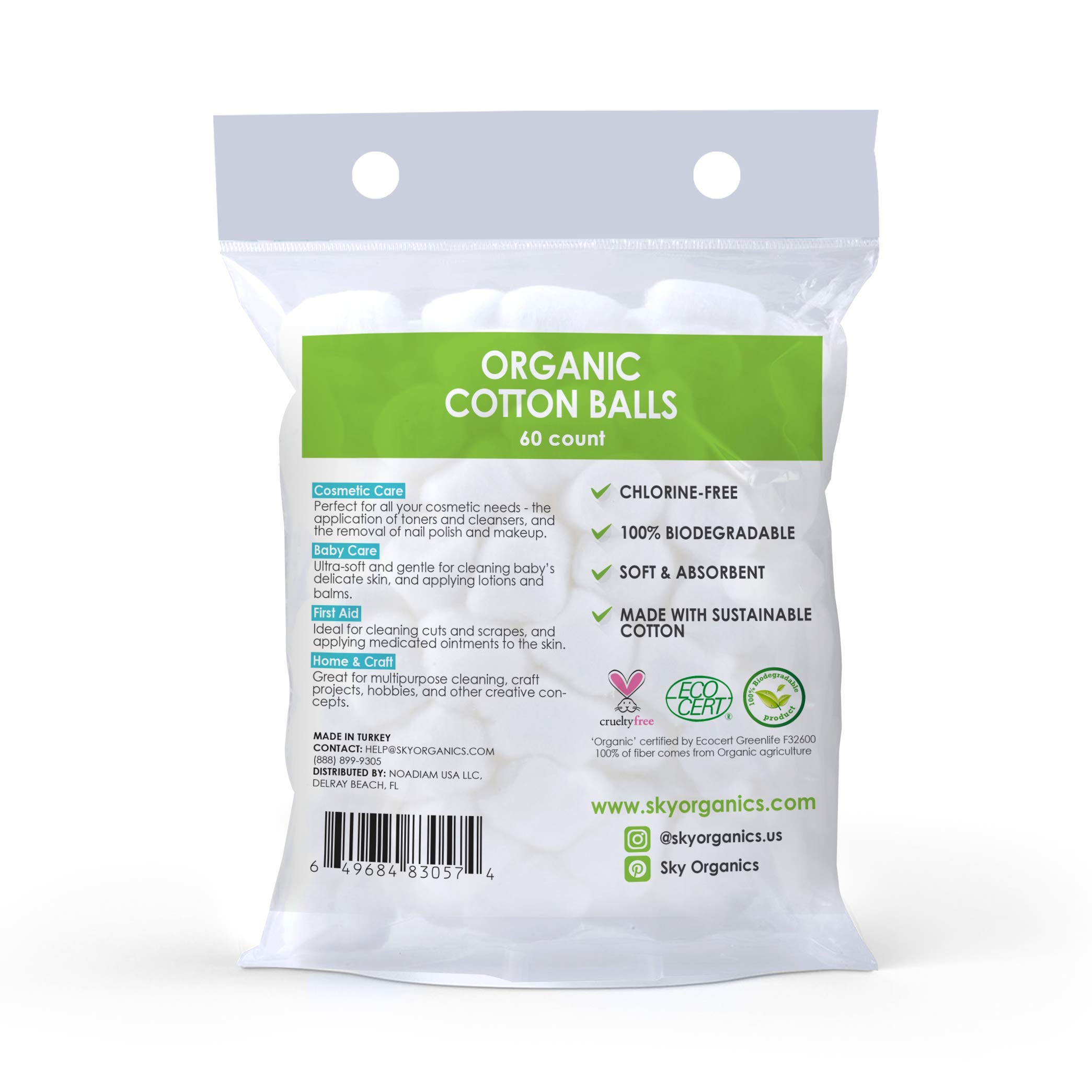 Sky Organics Organic Jumbo Cotton Balls for Sensitive Skin, 100% Pure GOTS Certified Organic for Beauty & Personal Care, 60 ct.