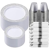 350 Piece Silver Plastic Dinnerware Set for 50 Guests, Plastic Lace Plates Disposable, Include: 50 Dinner Plates, 50 Dessert Plates, 50 Pre Rolled Napkins with Silver Silverware, 50 Cups