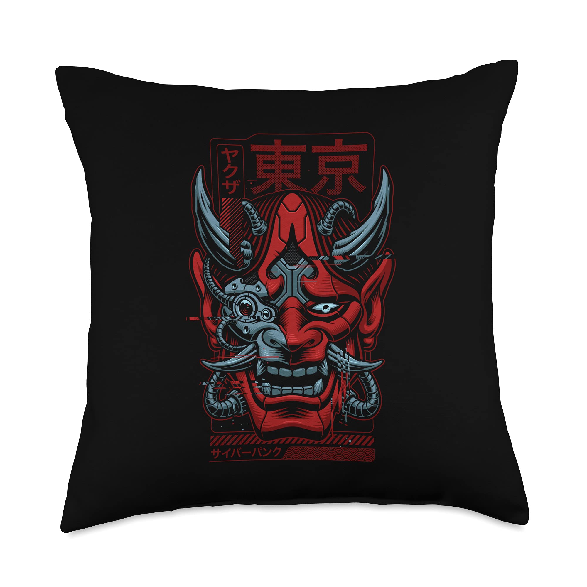 Japan Demon Oni Mask & Devil Samurai Gifts Japanese Cyber Oni Mask & Robot Hannya Mask Demon Throw Pillow, 18x18, Multicolor