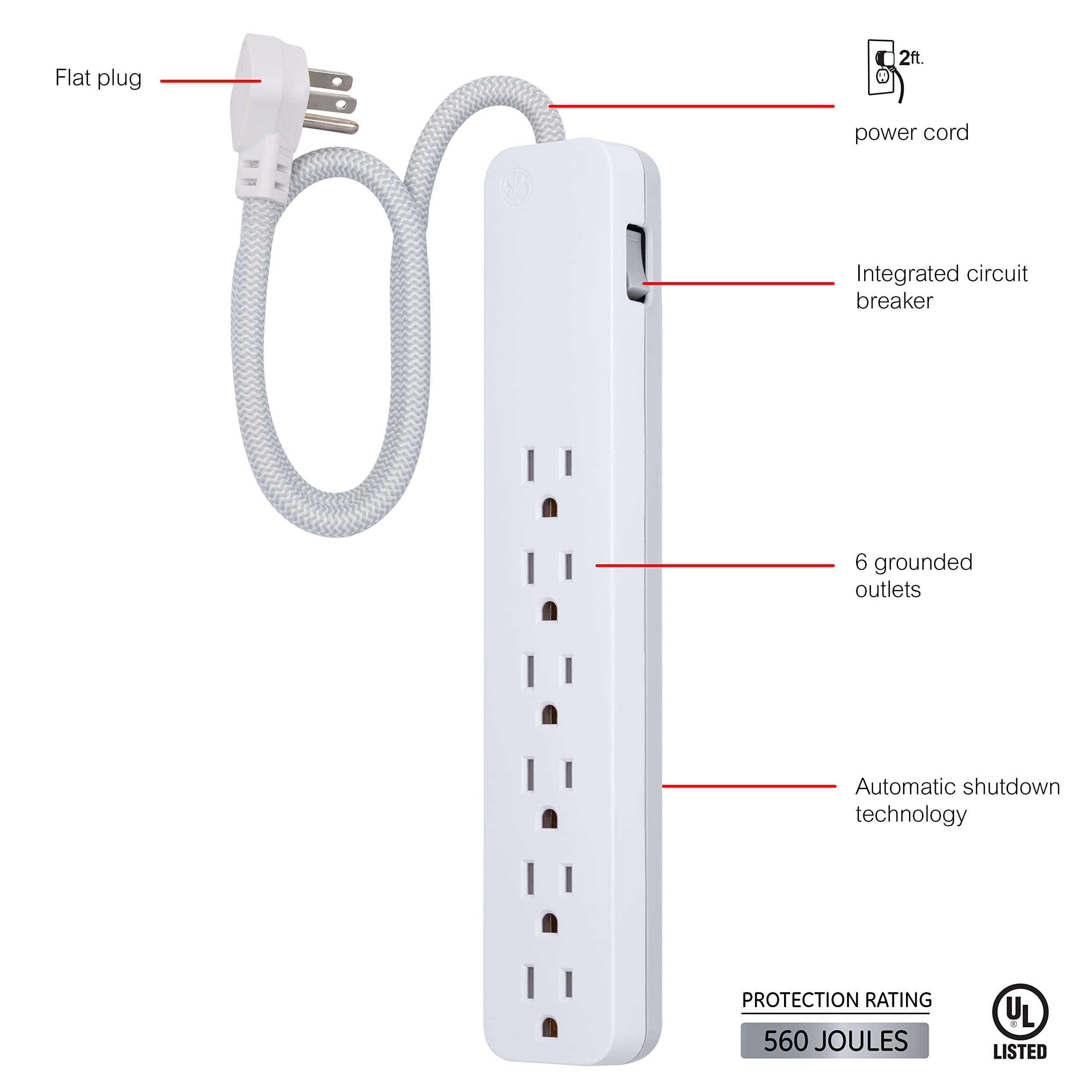 GE UltraPro 6-Outlet Surge Protector, 2 Ft Designer Braided Extension Cord, 560 Joules, Flat Plug, Wall Mount, UL Listed, White, 45264