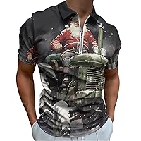 Santa Tractor Mens Polo Shirts Quick Dry Short Sleeve Zippered Workout T Shirt Tee Top