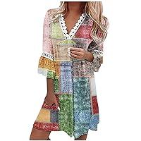 Women's Summer Casual Fashion Geometric Print Neckline Lace-Up Bubble Middle Sleeves Ruffle Stitching Dress, S-2XL