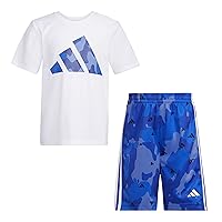adidas Boys' Short Sleeve Poly Tee & Camo All Over Print Short Set, White, 4T
