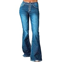 Andongnywell Striped Bell Jeans for Women Classic High Waist Wide Legs Flared Denim Pants Boho High Rise Flare Jeans Pants