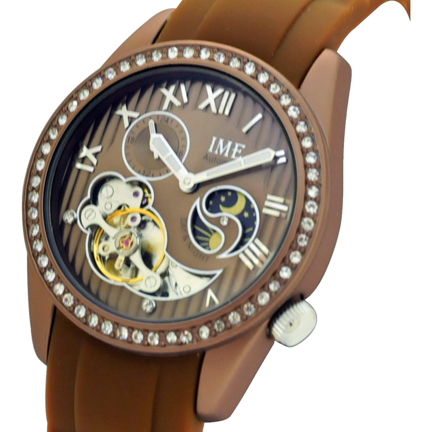 IME Ladies Fashion Automatic Wrist Watch with Alloy Case, Sun & Moon Phase and 24 Hours Display, Czech Stone Show on The Case