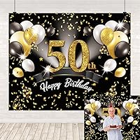 Happy 50th Birthday Backdrop for Women Glitter Black and Gold Balloons Birthday Party Photography Background for Men Fifty Years Old 50 Bday Party Decorations Banner Photobooth Props 10x8ft