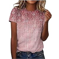 Womens Dressy Tops,Fashion Casual Short Sleeve Floral Printed Round Neck Pullover Top Casual Loose Old Lady Blouse