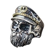 Two Tone 925 Sterling Silver Bearded Skull Ring with Hat Punk Jewelry for Men Boys Women Girls Open and Adjustable