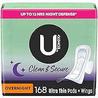 U by Kotex Clean & Secure Ultra Thin Overnight Pads with Wings, 168 Count (6 Packs of 28) (Packaging May Vary)