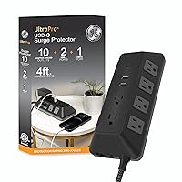 GE UltraPro Adapt 10-Outlet Surge Protector with USB Ports, 1 USB-C Port, 15W, 2 USB-A Ports, 12W, 4ft Braided Cord Surge Protector Power Strip, 3540 Joules, Black, 74763